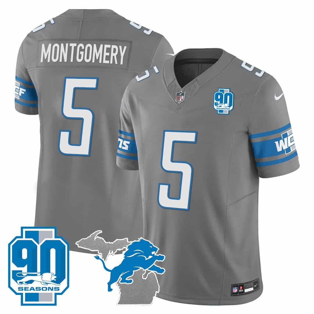 Men Detroit Lions #5 Montgomery Grey 2024 Nike 90th Year Michigan Patch Vapor NFL Jersey
